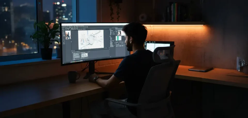 Graphic designing workstation with creative tools – Dubai graphic design services