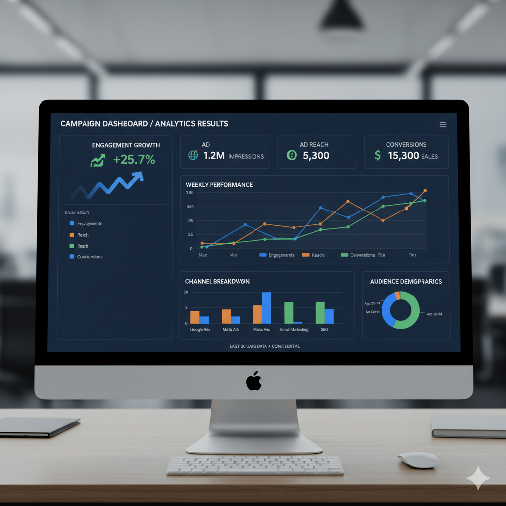 Digital marketing workspace with analytics dashboard – UAE marketing services