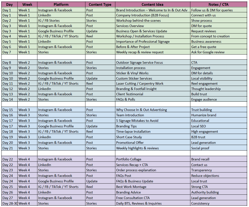 Content calander preparation for in&out